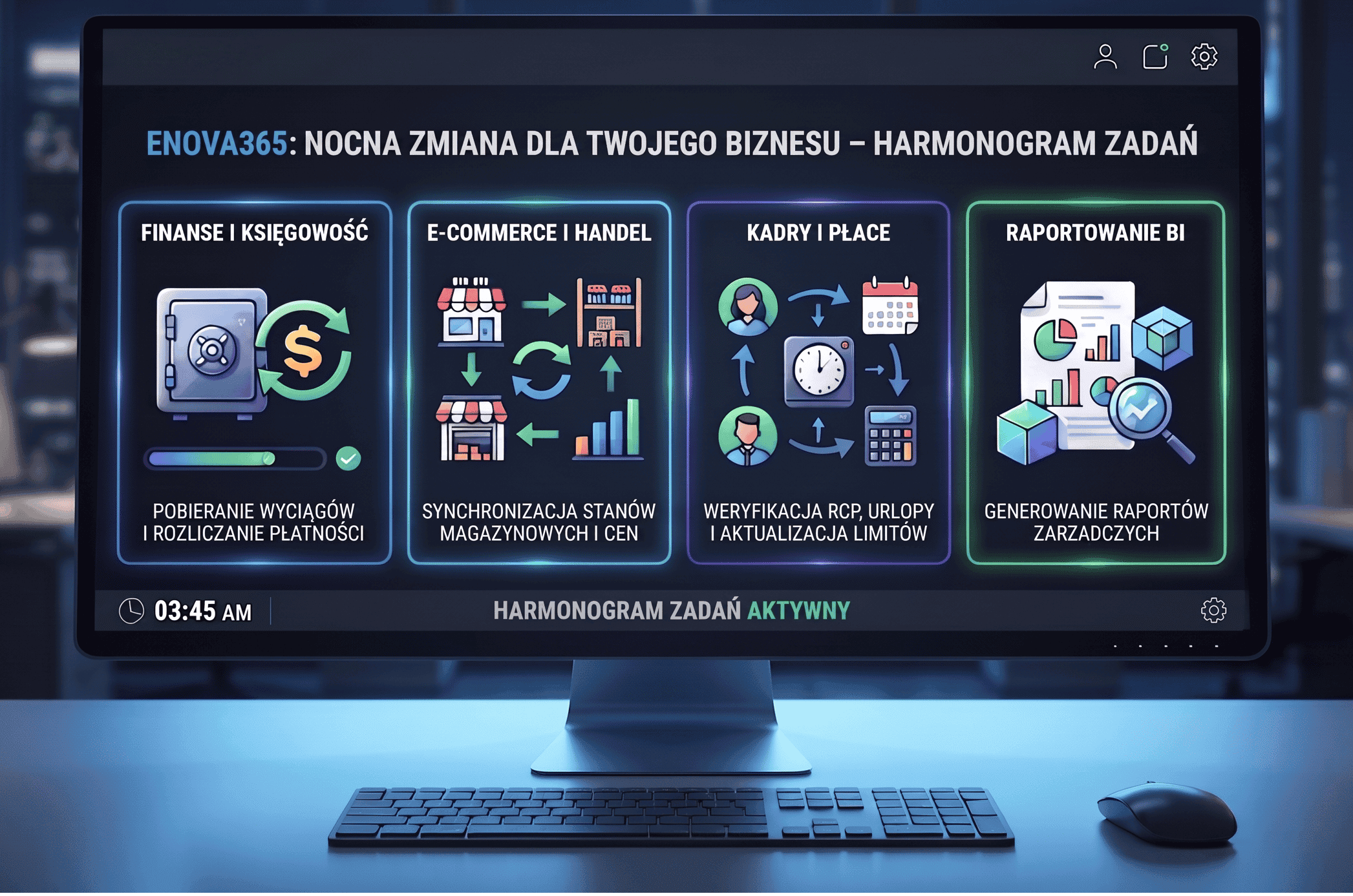 <p style="text-align:center;"><span style="font-family:Arial, Helvetica, sans-serif;font-size:22px;"><strong>Harmonogram zadań w enova365: automatyzacja, która pracuje po godzinach.</strong></span><span style="font-family:"Times New Roman",serif;"><strong><o:p></o:p></strong></span></p>